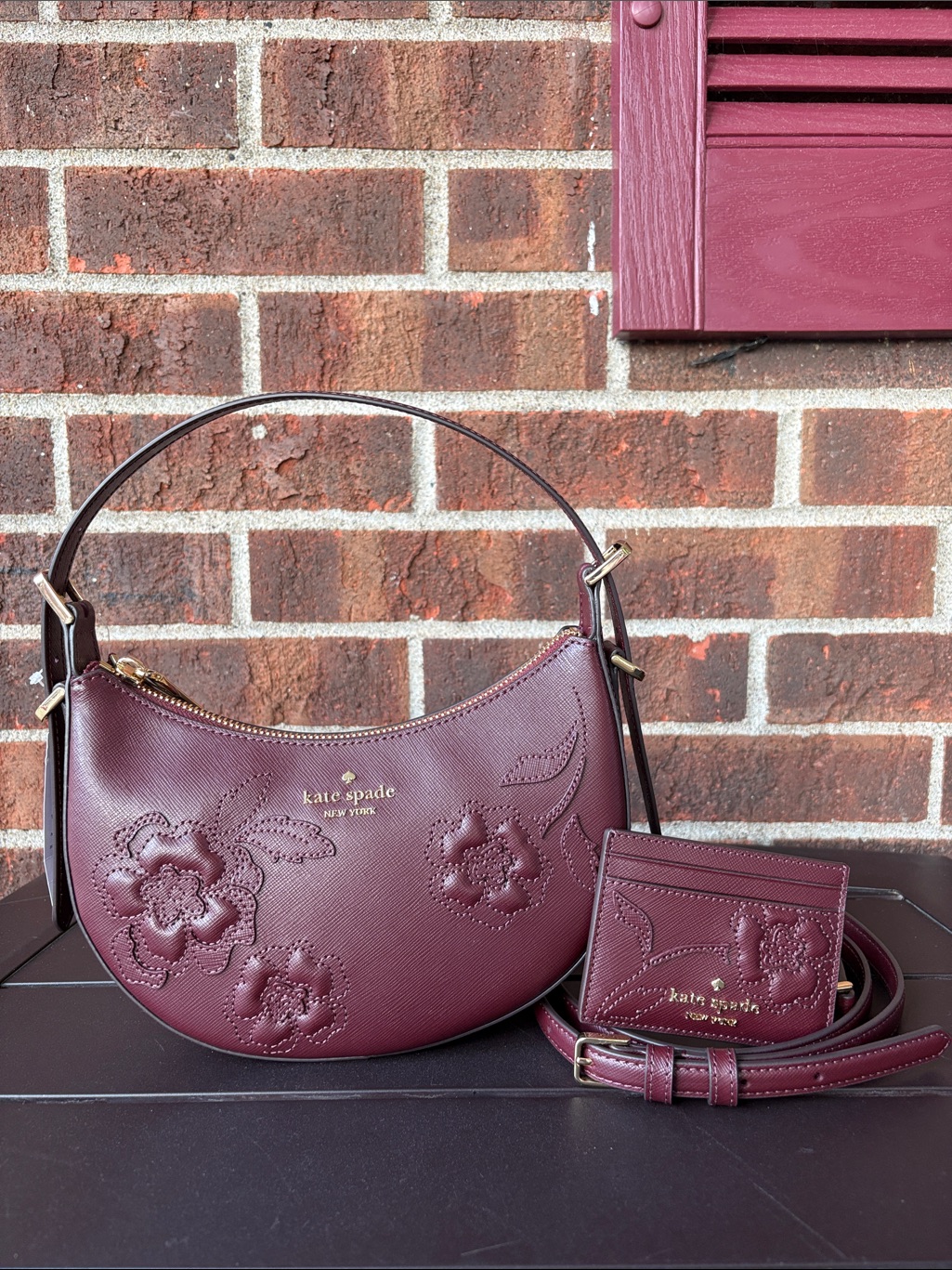 Nwt-Kate Spade-Set-Madison-Crescent Bag &Cardholder-Dk Merlot-Forest Blooms-$468